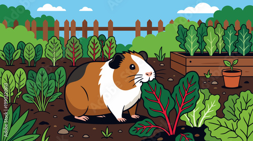 Cute Guinea Pig Eating Greens in a Garden.