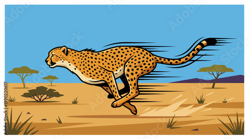 Cheetah running fast across the savanna landscape illustration.