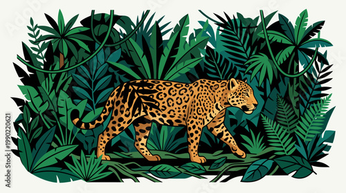 Jaguar walking through dense green jungle foliage illustration.