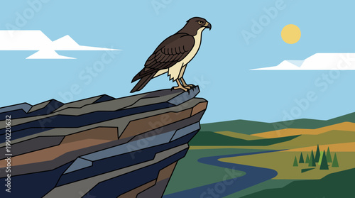 Hawk perched on a rocky cliff overlooking a scenic landscape.