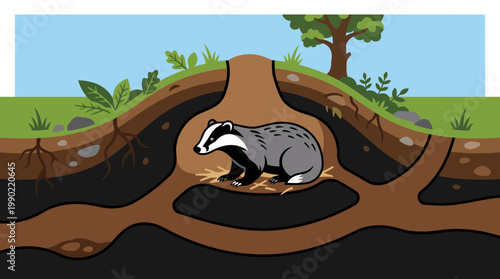 Badger in its underground sett home illustration.