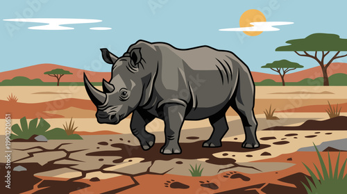 Large rhinoceros walking in a dry savanna landscape under the sun.