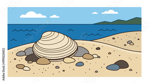 Seashell on sandy beach with ocean waves and distant hills.