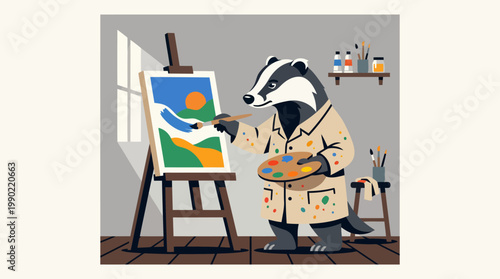 Badger artist painting a landscape on canvas easel.
