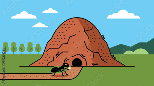 Ant carrying food to its anthill home in the grass.