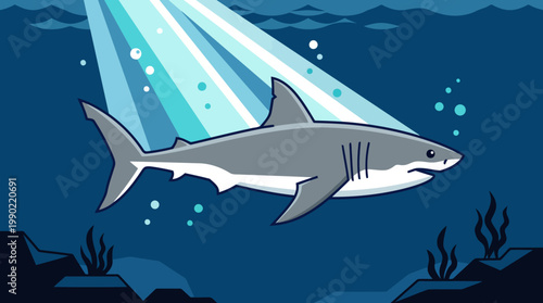 Cartoon great white shark swimming underwater with light rays.