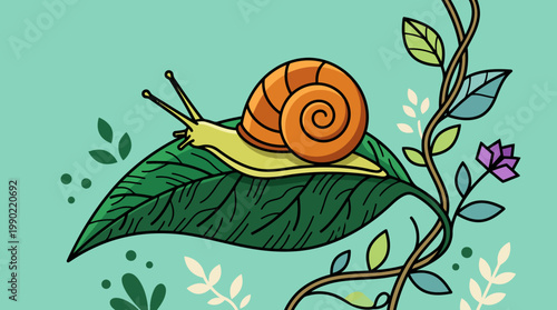Cartoon Snail Crawling on a Green Leaf with Plants.