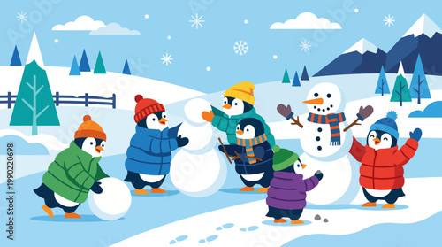 Cute penguins building snowmen in a winter landscape scene.