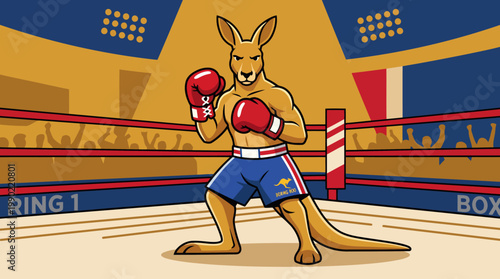 Kangaroo Boxer Standing in Boxing Ring Ready to Fight.