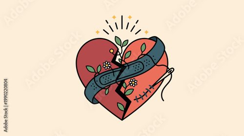 Broken Heart Mended with Plants and Bandage.