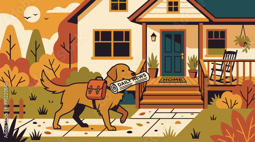 Golden Retriever Dog Delivering Newspaper to House.