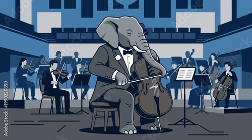 Elephant playing cello in orchestra.