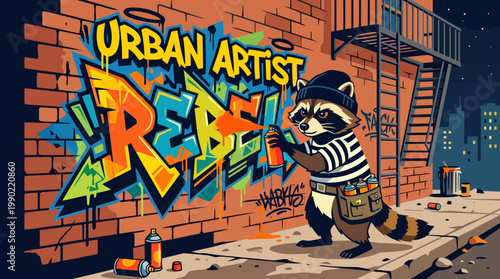 Raccoon Urban Artist Spray Painting Graffiti Art on Brick Wall.