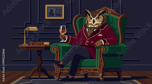 Sophisticated Owl Gentleman Sitting in Armchair Holding Wine Glass.
