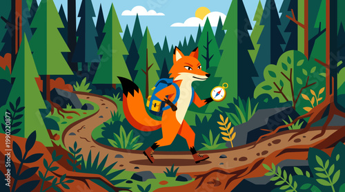 Cute cartoon fox with backpack and compass hiking on a forest path.
