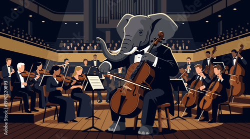 Elephant playing cello in orchestra surreal concept.