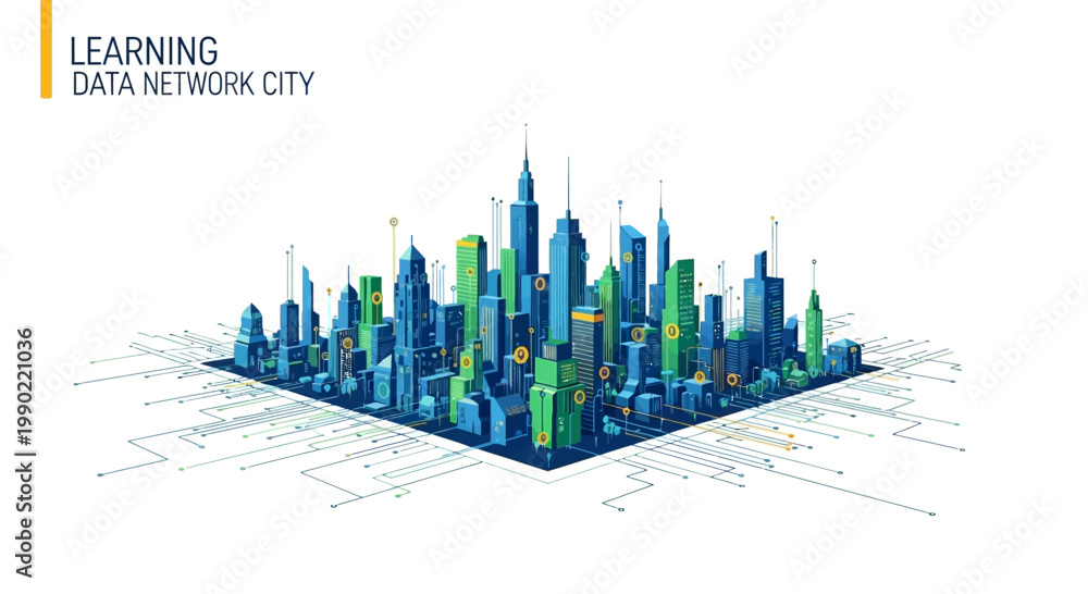Obraz premium Futuristic Cityscape with Data Network Connections, Smart City Concept
