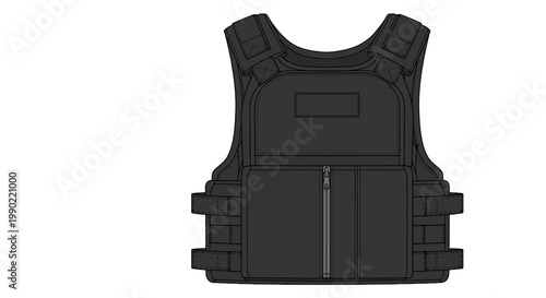 Tactical black military-style bulletproof vest illustration on white background; police or security equipment concept for uniform design
