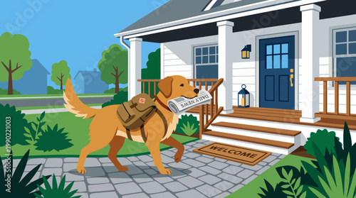 Golden Retriever Dog Delivering Newspaper to Front Door.