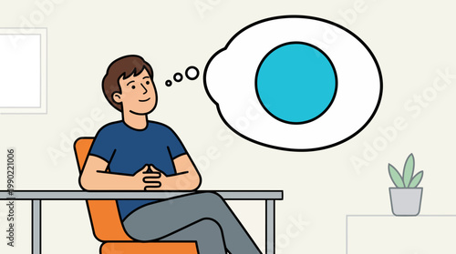 Man sitting at desk thinking about a blue circle idea.