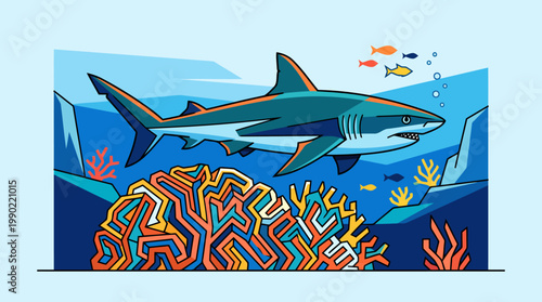 Great White Shark Swimming Underwater Near Coral Reef.