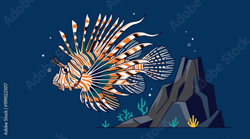 Colorful Lionfish Swims Gracefully Near Coral Reef Underwater.
