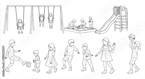 Children playing on playground equipment line art vector, kids outdoor activities set with swings and slide, coloring page style park illustrations