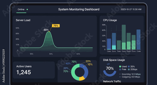 System monitoring dashboard displaying server load CPU usage disk space network traffic and active users in real-time