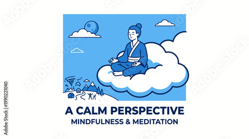 Zen woman meditating peacefully on a cloud with a serene expression.