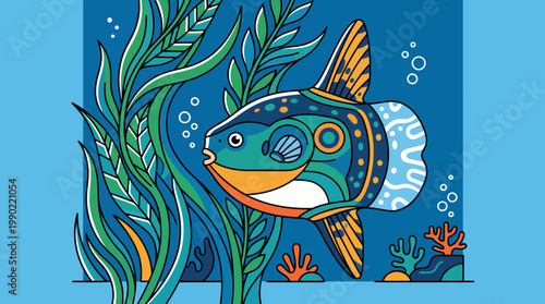 Stylized Ocean Sunfish Swimming Among Seaweed and Coral.