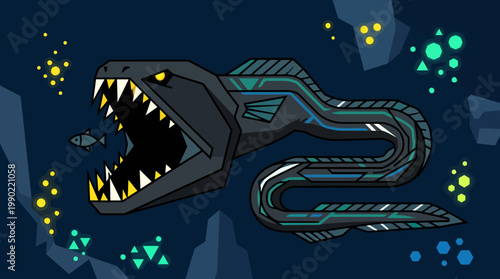 Fierce mechanical eel with sharp teeth hunts small fish underwater.