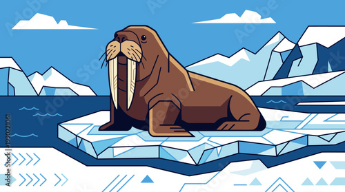 A large walrus with tusks rests on an ice floe in the Arctic ocean.