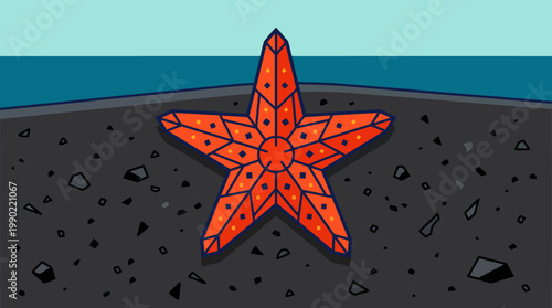 Red starfish on dark sand near the ocean.