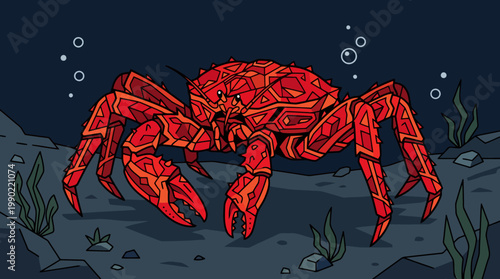 Large Red Crab Underwater Scene Illustration.