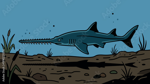 Sawfish swims underwater in shallow water near plants.