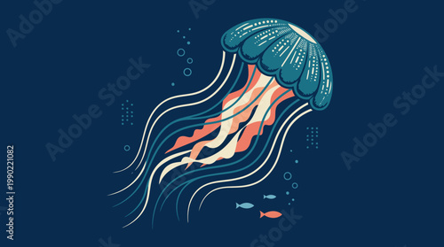 Stylized illustration of a colorful jellyfish swimming underwater.