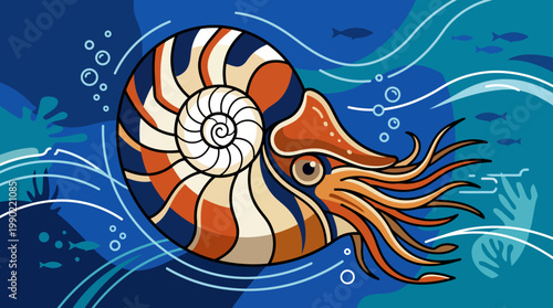 Stylized Nautilus Shell with Tentacles Underwater Scene.