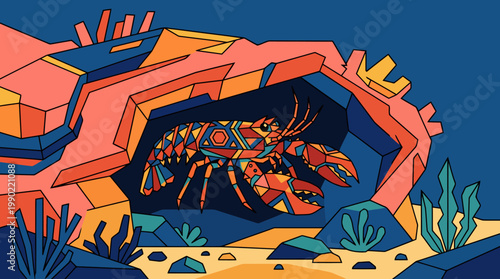 Colorful abstract lobster hiding in a coral reef cave.
