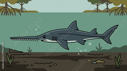 Sawfish swims underwater in shallow coastal waters.