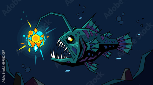 Deep sea anglerfish with glowing lure in dark ocean depths.