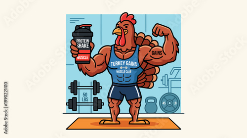 Muscular Turkey Character Holding Protein Shake in Gym.