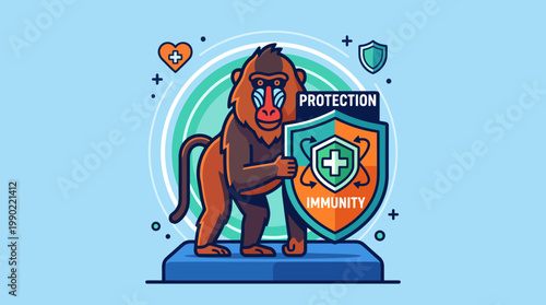 Baboon holding a shield representing protection and immunity.