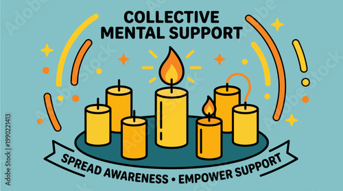 Collective mental support candles spread awareness empower support concept.