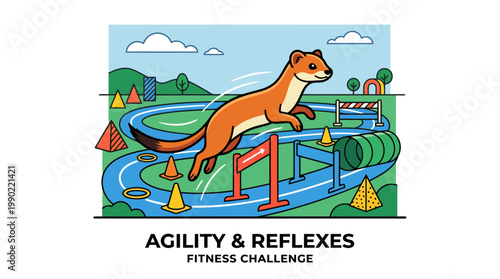 Agile Ferret Jumps Over Obstacle Course Hurdle.
