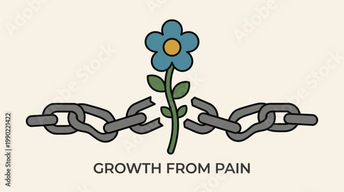 Flower grows through broken chain symbolizing resilience and new beginnings.
