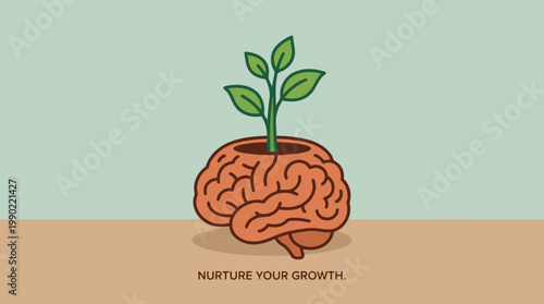 Brain with Plant Growing Symbolizing Mental Growth and Development.