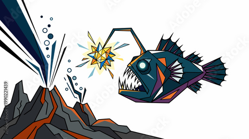 Deep sea anglerfish with bioluminescent lure near volcanic vent.