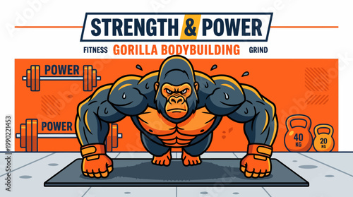 Gorilla doing pushups in a gym with strength and power theme.