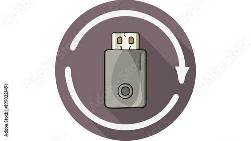 USB flash drive with circular arrow indicating data transfer backup synchronization and digital storage process vector