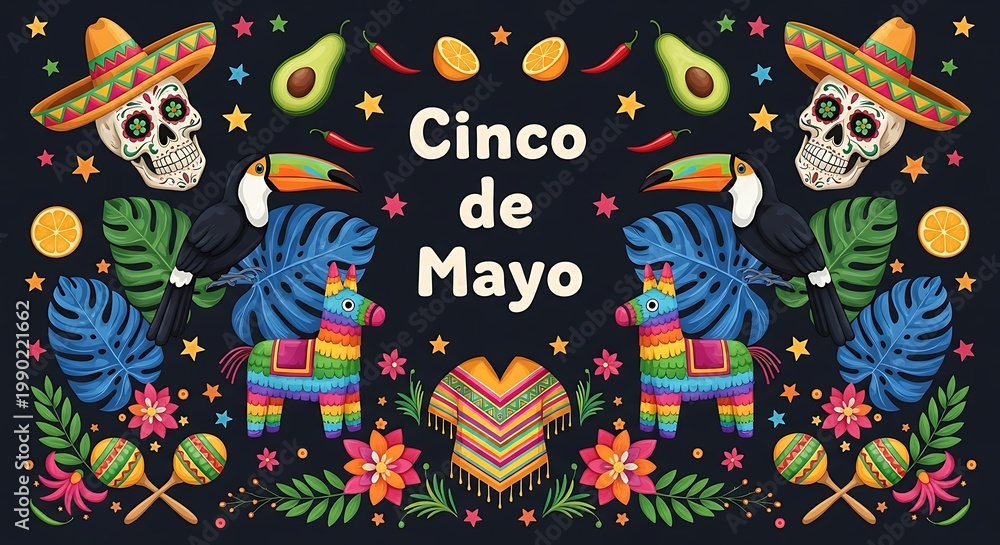 Obraz premium Cinco de mayo festive pattern with skulls toucans avocados and tropical flowers on dark background for holiday party invitation